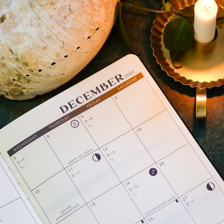 planner page with month of December spread and astrology transits